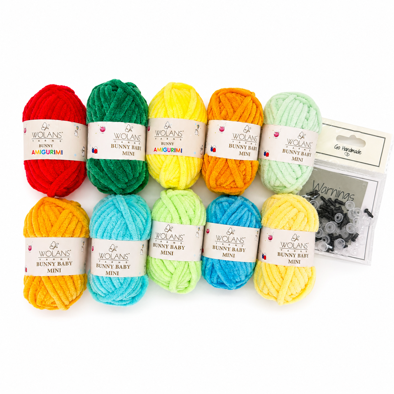 Kit de fils amigurumi aux couleurs vives — 10 pelotes Bunny Baby Mini + yeux de sécurité