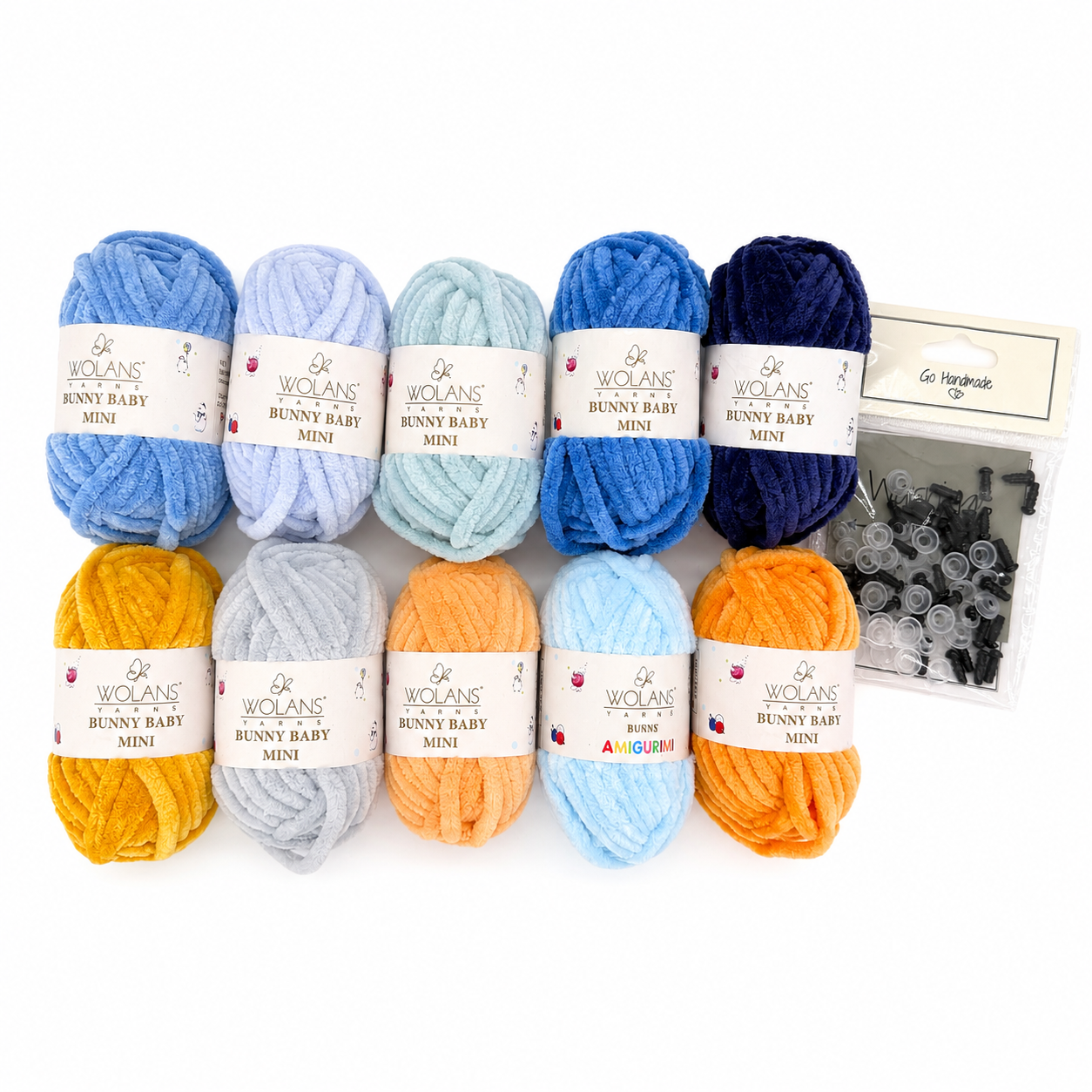 Kit de fils amigurumi bord de mer — 10 pelotes Bunny Baby Mini bleu & orange + yeux de sécurité