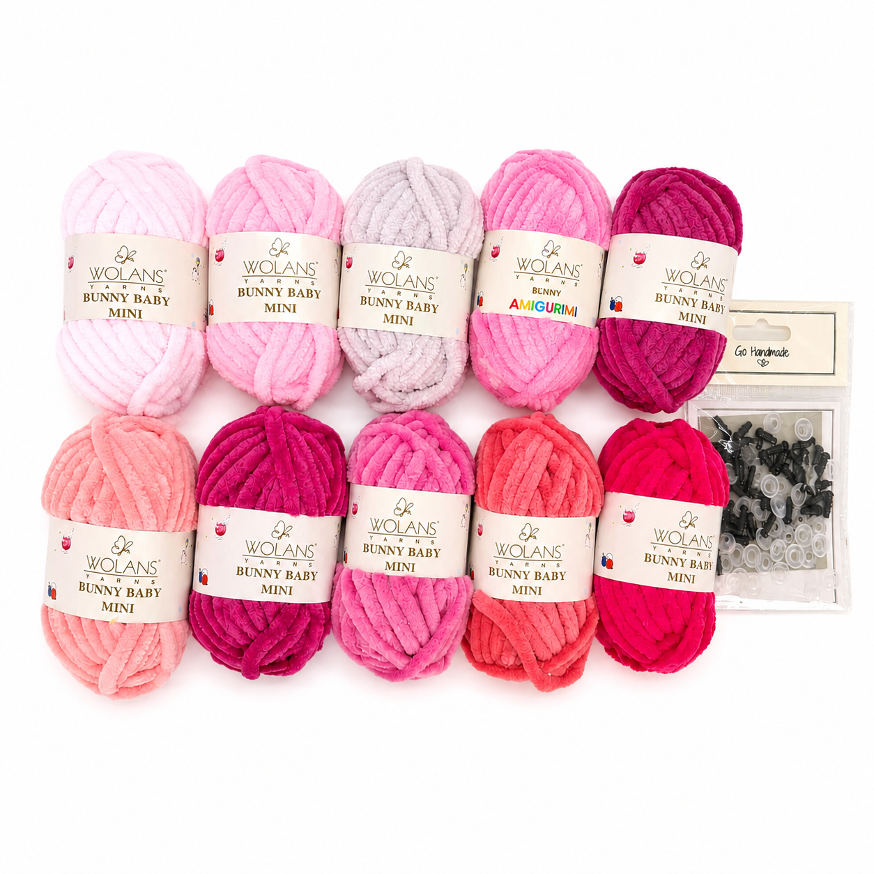 Kit de fils amigurumi rose tendre — 10 pelotes Bunny Baby Mini + yeux de sécurité