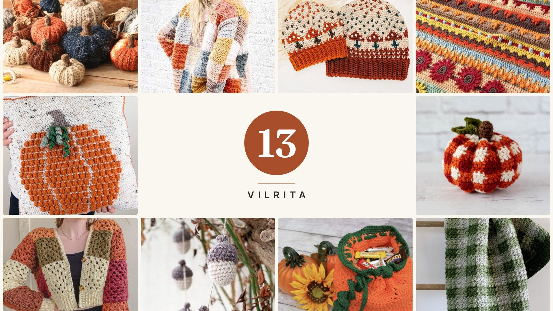 Collage of 13 free autumn crochet patterns: pumpkins, a pumpkin pillow, a treat bag, two cardigans, a mushroom hat, an acorn garland and blankets