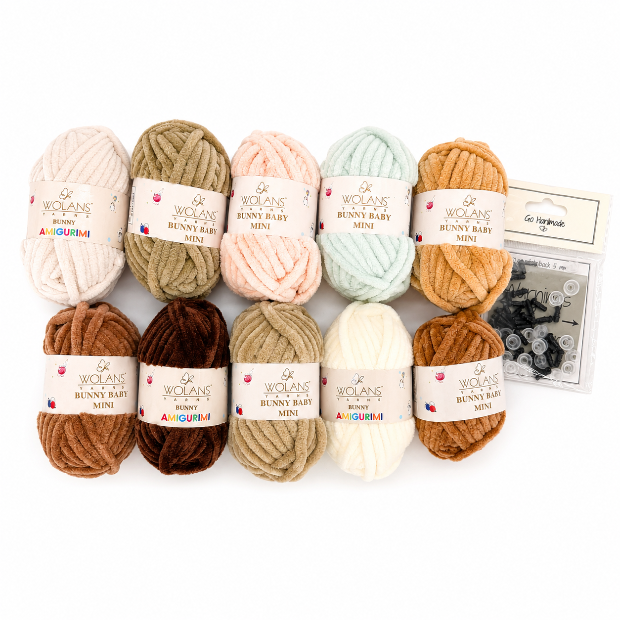 Amigurumi-garnkit i neutrala toner — 10 Bunny Baby Mini-nystan + säkerhetsögon