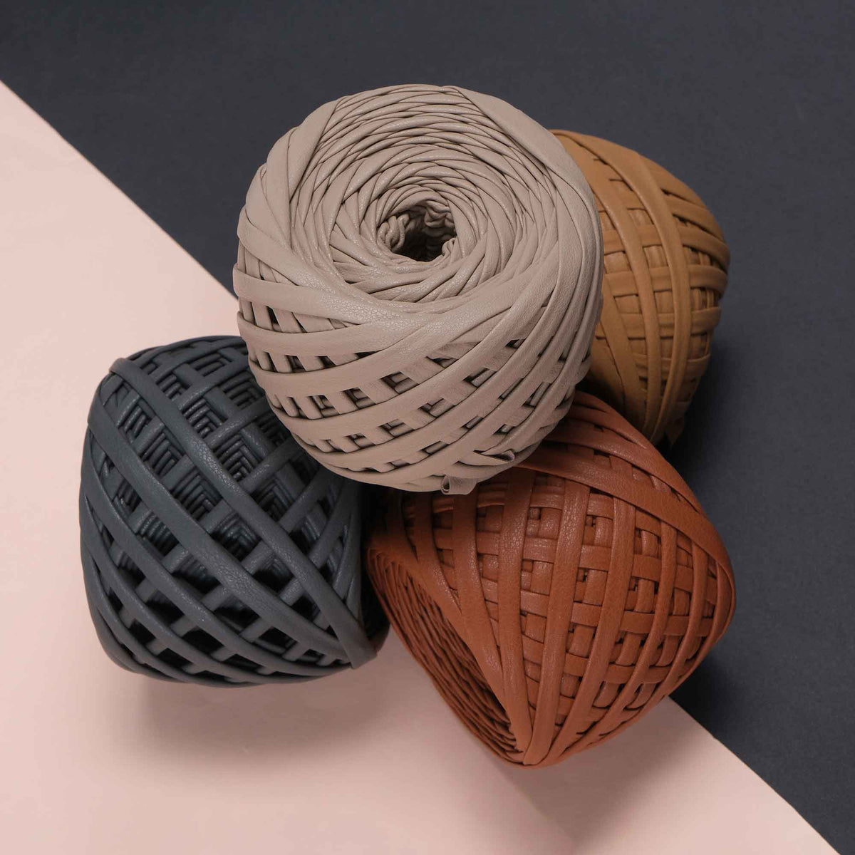 YarnArt Leather Club faux leather yarn in Sand, Cognac and Anthracite