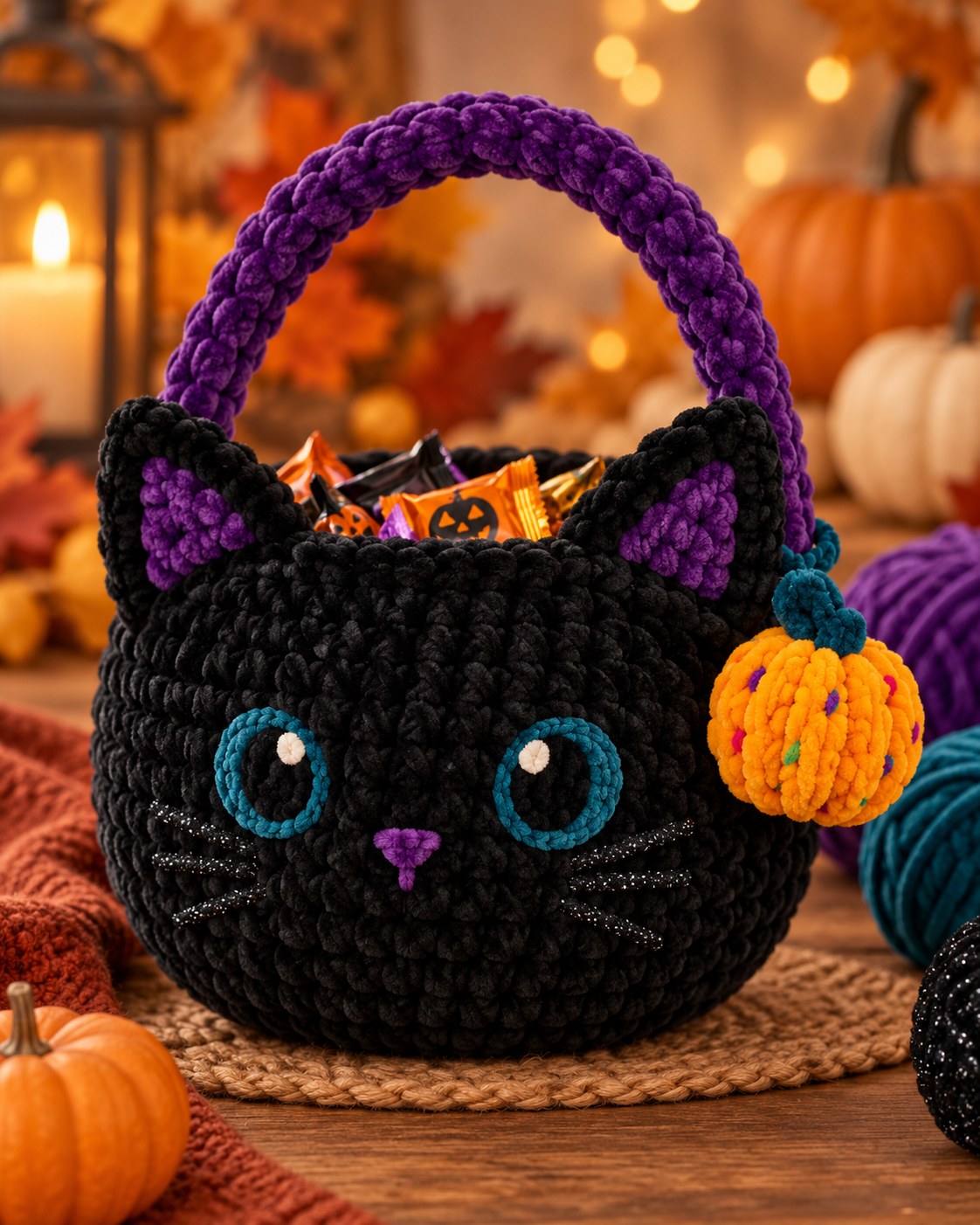 Idea: crochet black cat hugging a pumpkin – inspiration only, no pattern included