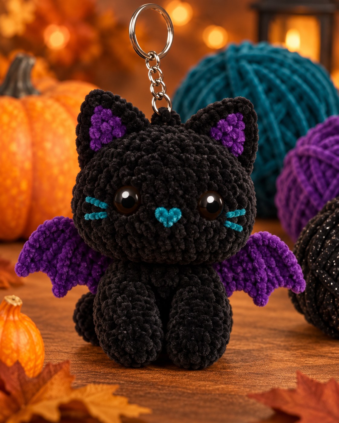 Idea: crochet bat-winged kitty keychain – inspiration only, no pattern included